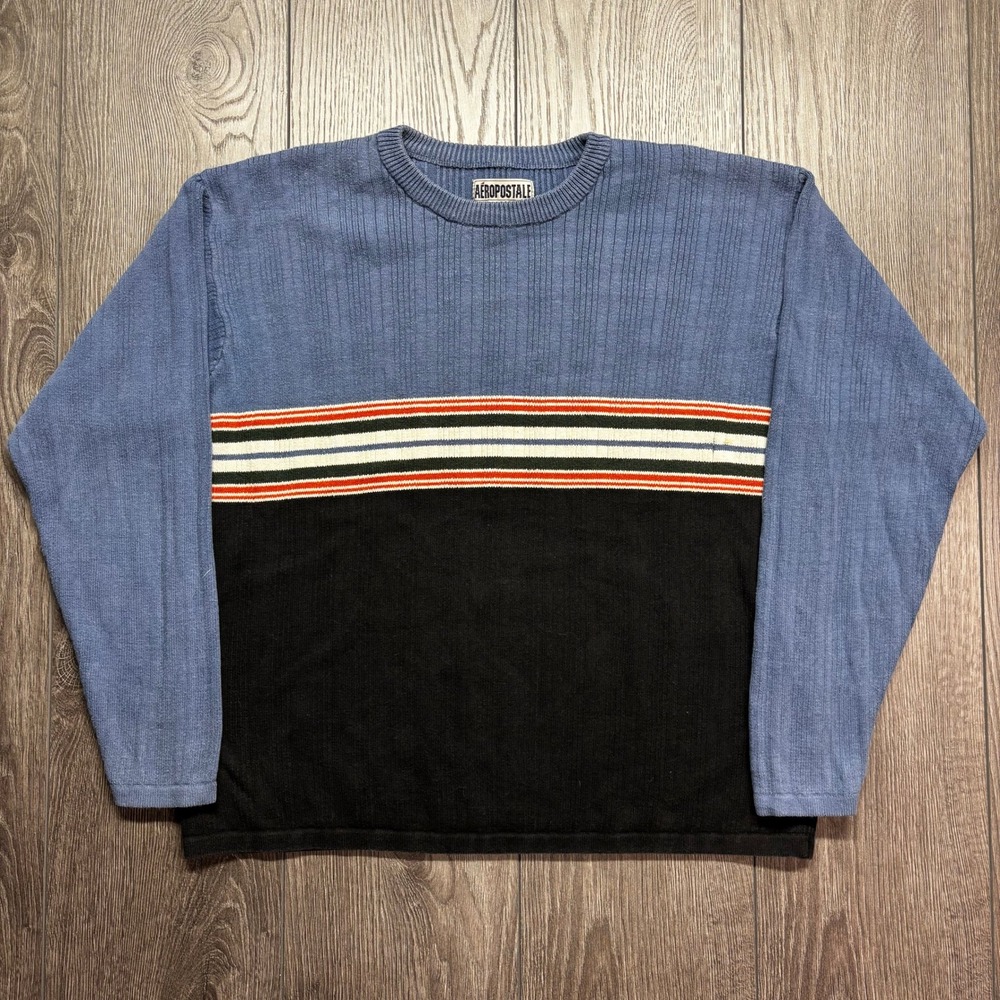 Aeropostale Vintage Mens Small Blue Black Stripe Cotton Crewneck Sweater UK Made